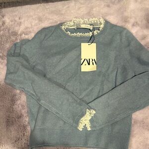 Zara Light Blue Sweater with Cream Trim